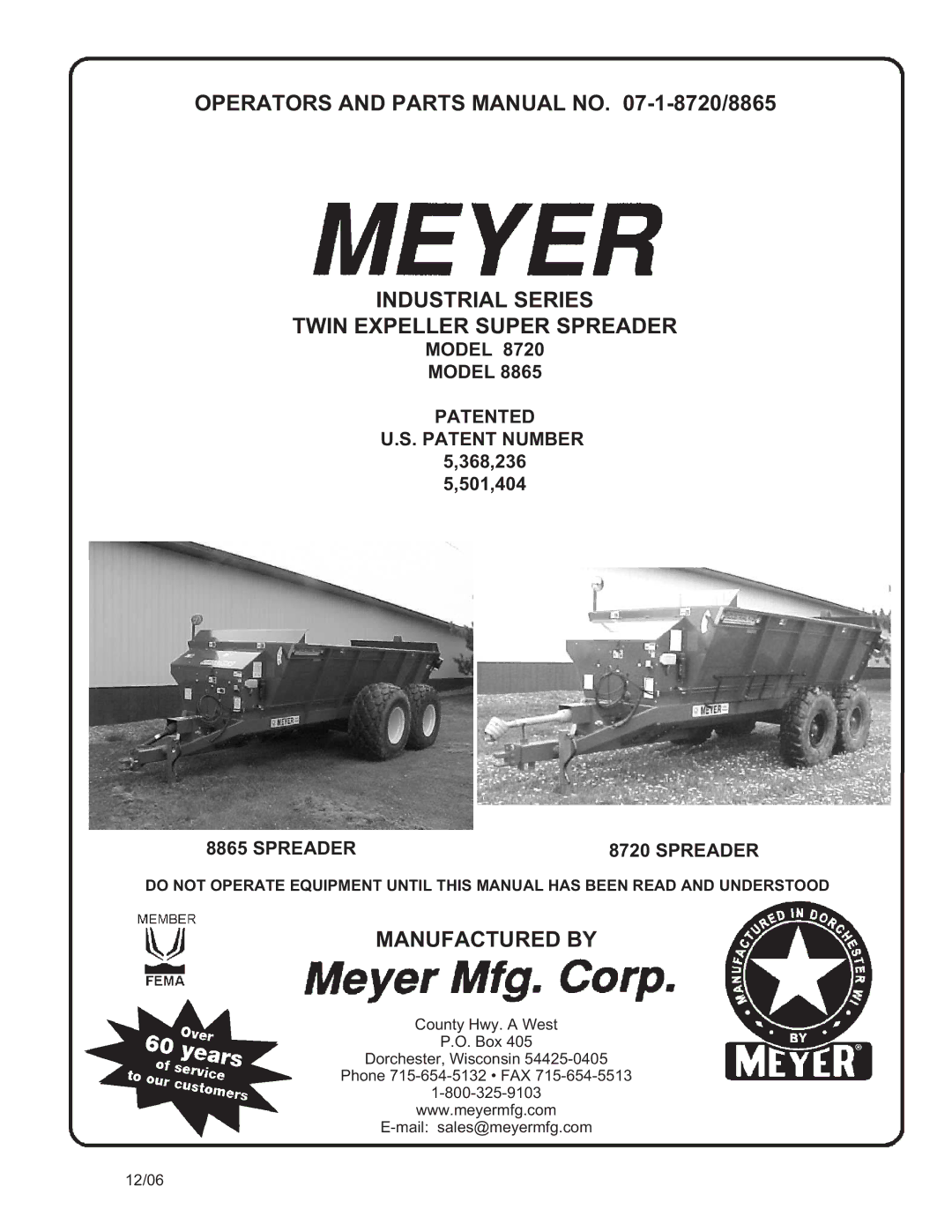 Meyer 8865, 8720 manual Manufactured by 