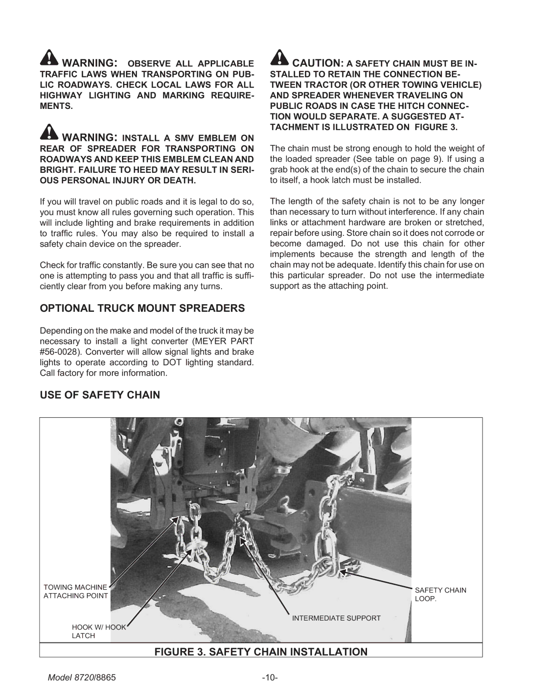 Meyer 8720, 8865 manual Safety Chain Installation 