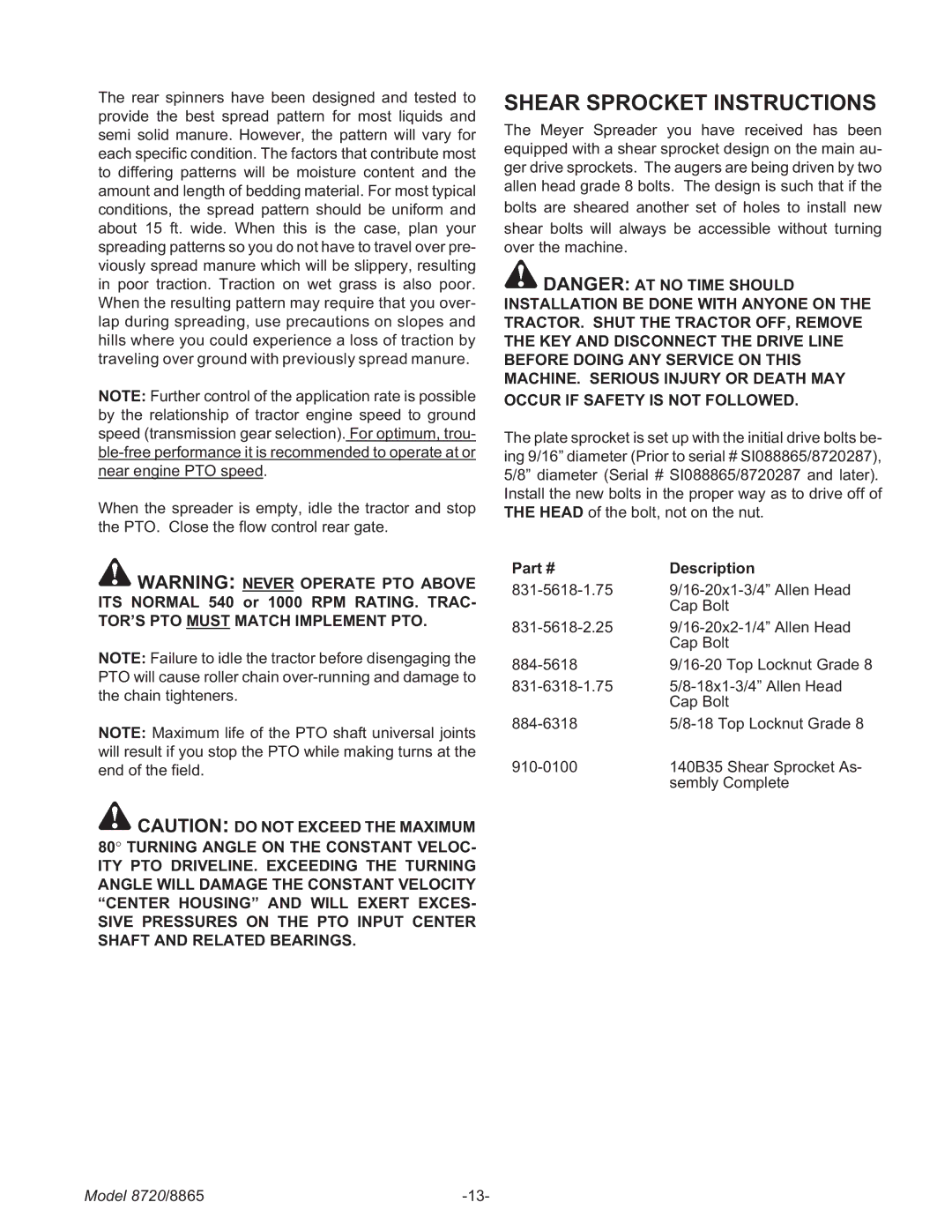 Meyer 8865, 8720 manual Shear Sprocket Instructions, TOR’S PTO Must Match Implement PTO 