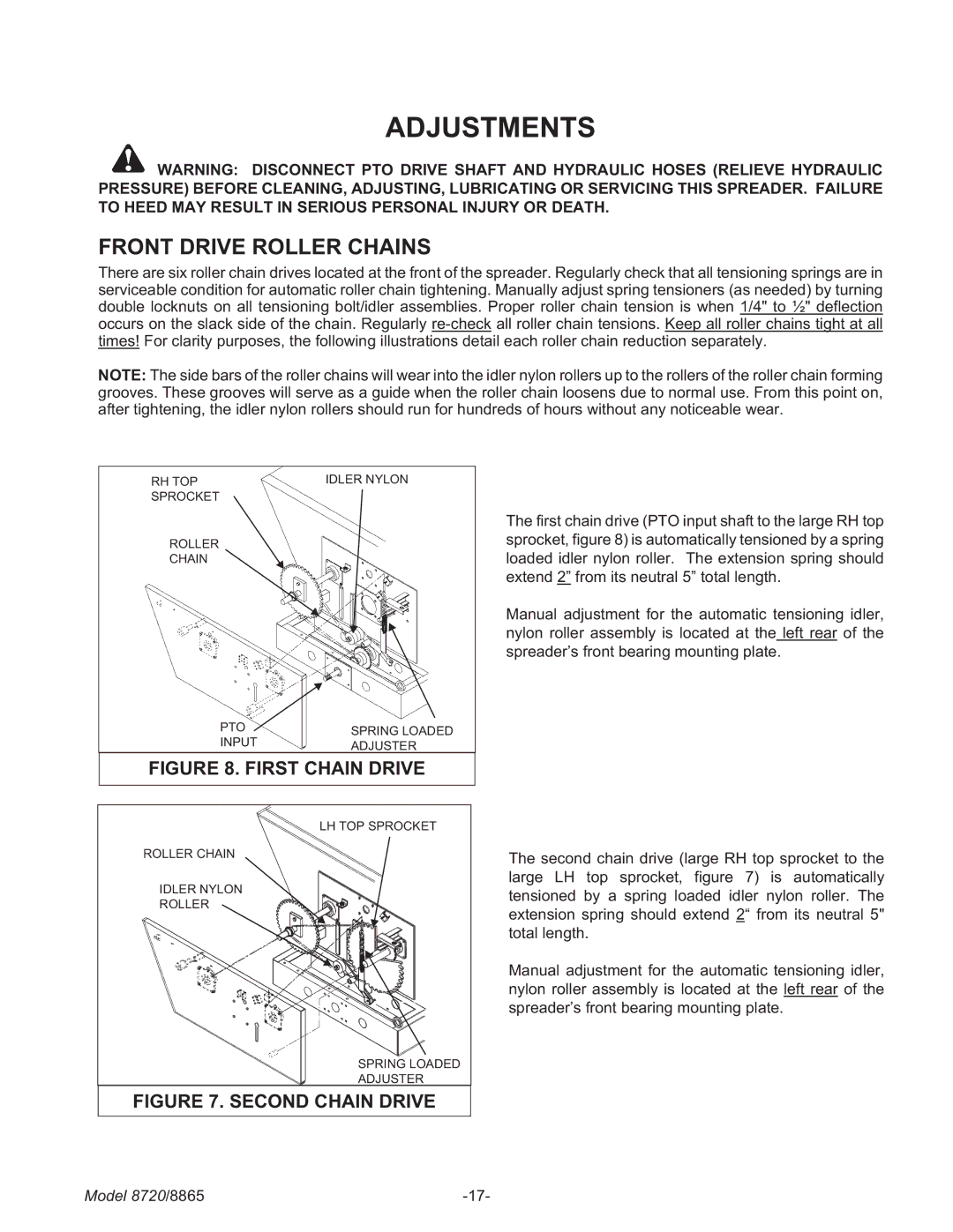 Meyer 8865, 8720 manual Adjustments, Front Drive Roller Chains 