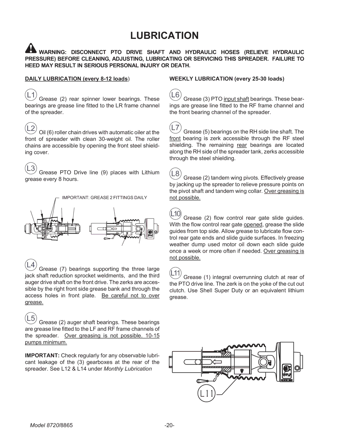 Meyer 8720, 8865 manual Lubrication 