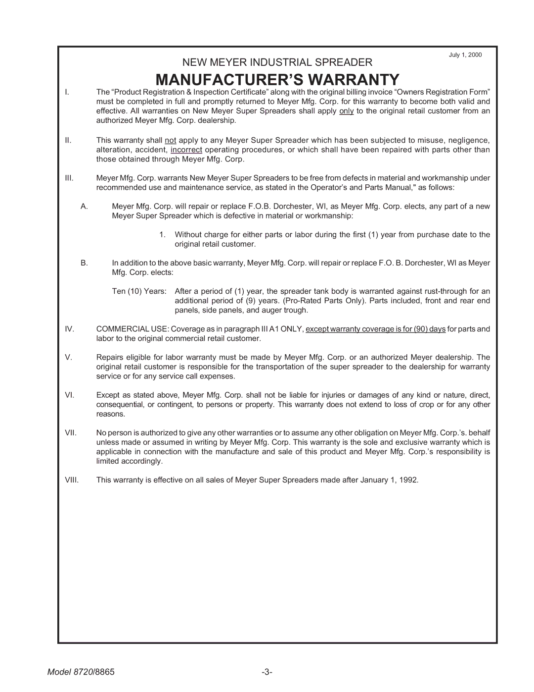 Meyer 8865, 8720 manual MANUFACTURER’S Warranty, Vii 