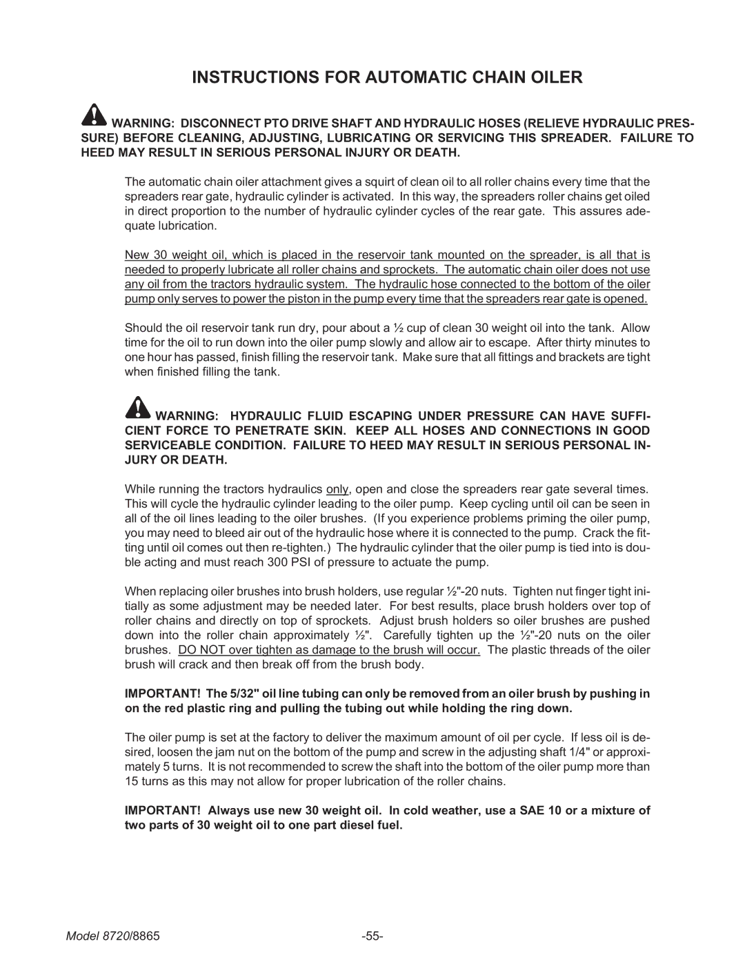 Meyer 8865, 8720 manual Instructions for Automatic Chain Oiler 