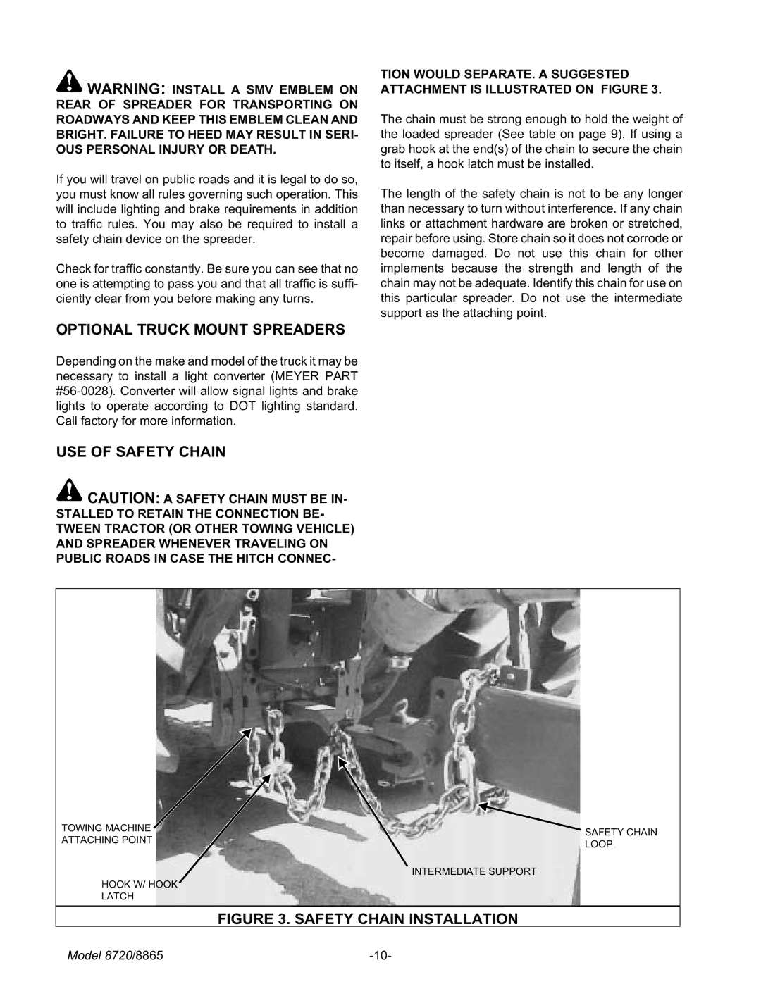 Meyer 8720, 8865 manual Safety Chain Installation 