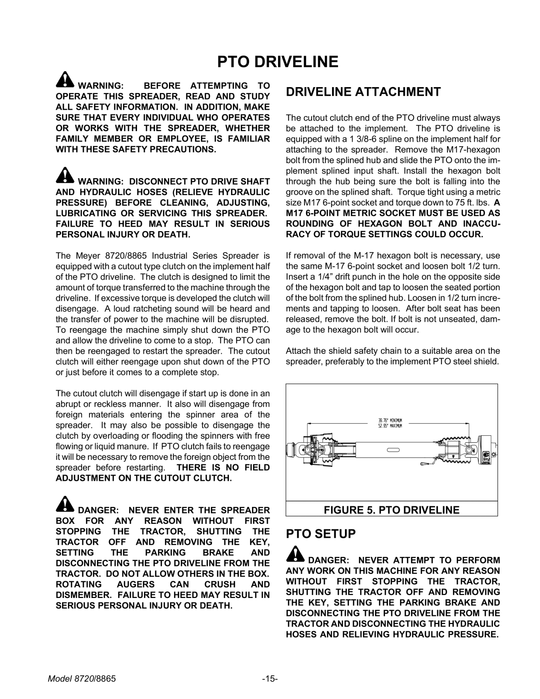 Meyer 8865, 8720 manual PTO Driveline, Driveline Attachment, PTO Setup, Adjustment on the Cutout Clutch 