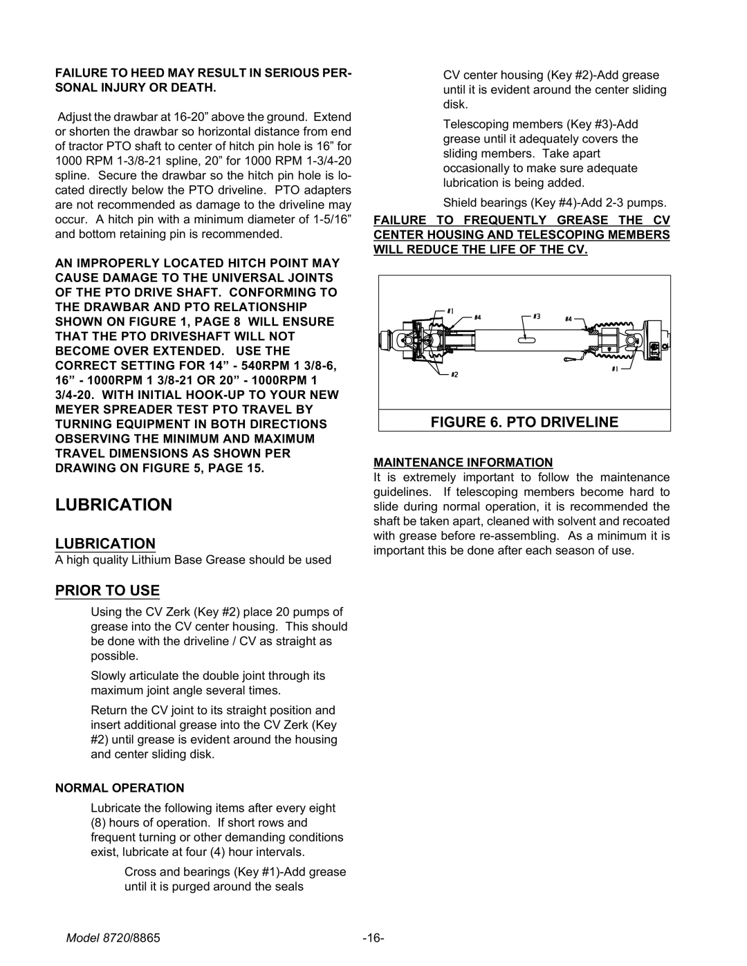 Meyer 8720, 8865 manual Lubrication, Normal Operation, Maintenance Information 