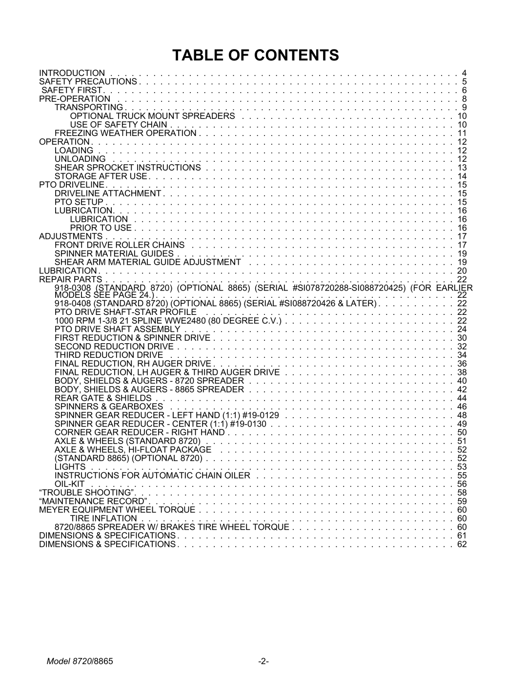 Meyer 8720, 8865 manual Table of Contents 