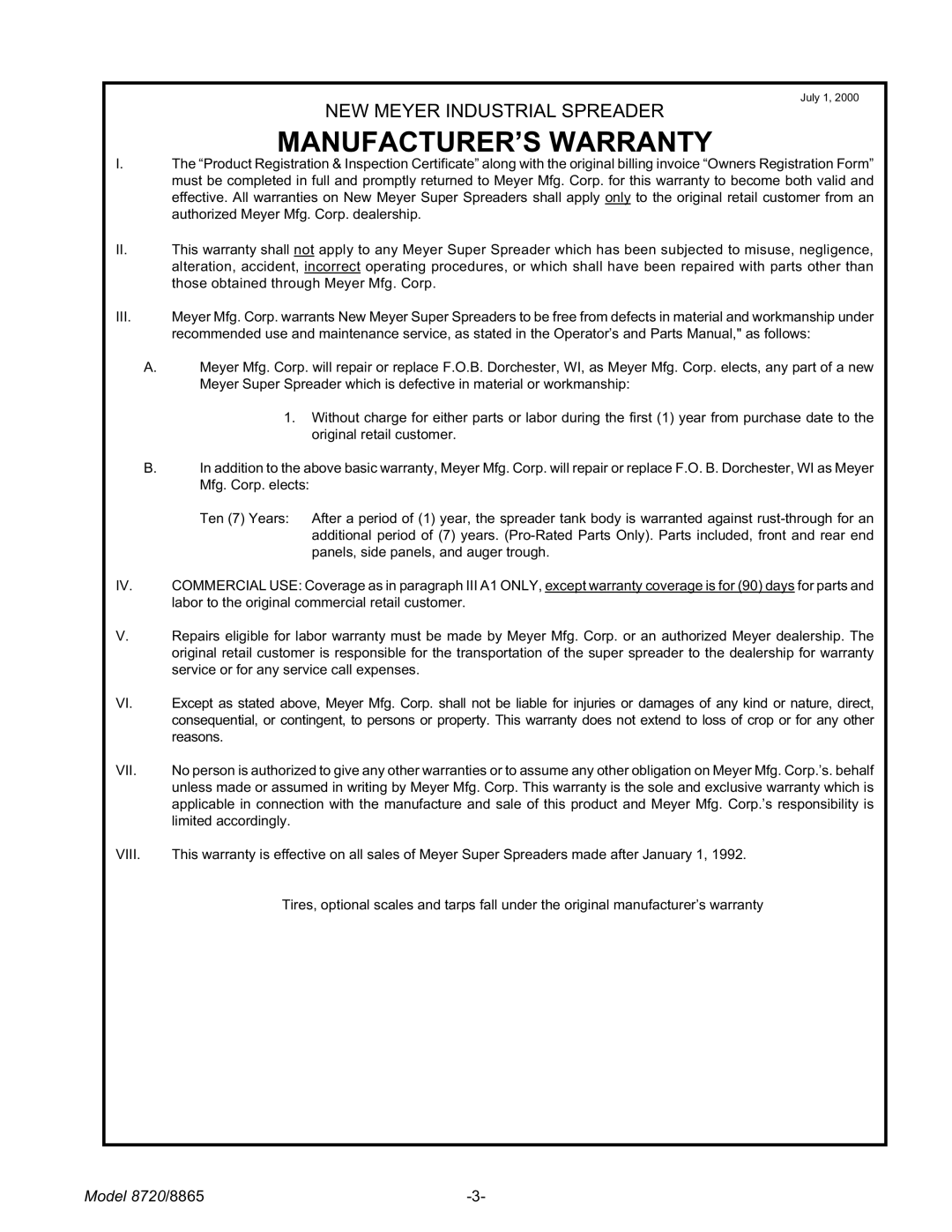Meyer 8865, 8720 manual MANUFACTURER’S Warranty, Vii 