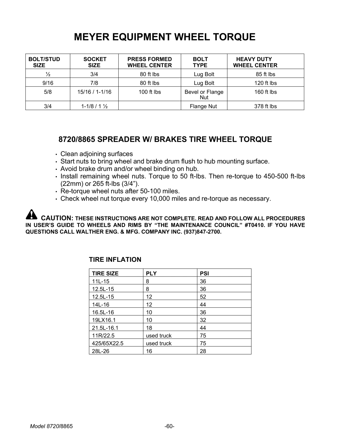 Meyer manual Meyer Equipment Wheel Torque, 8720/8865 Spreader W/ Brakes Tire Wheel Torque, Tire Size PLY PSI 