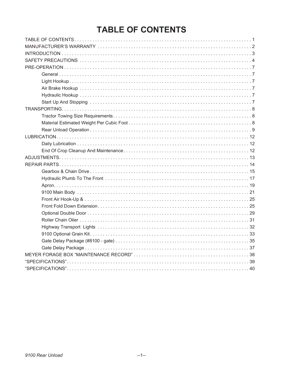 Meyer 9128, 9130T, 9126, 9136T, 9124, 9122, Boss" Rear Unload Forage Box Truck and Trailer manual Table of Contents 