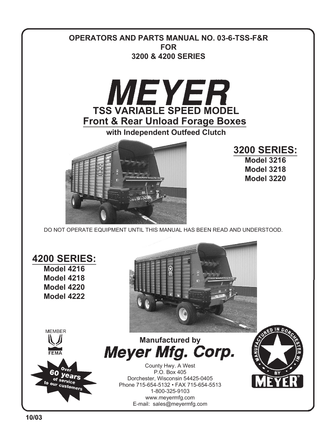 Meyer 4220, 4218, 3220 manual Tss Variable Speed Model, Front & Rear Unload Forage Boxes, Series, 3200 & 4200 SERIES, 10/03 