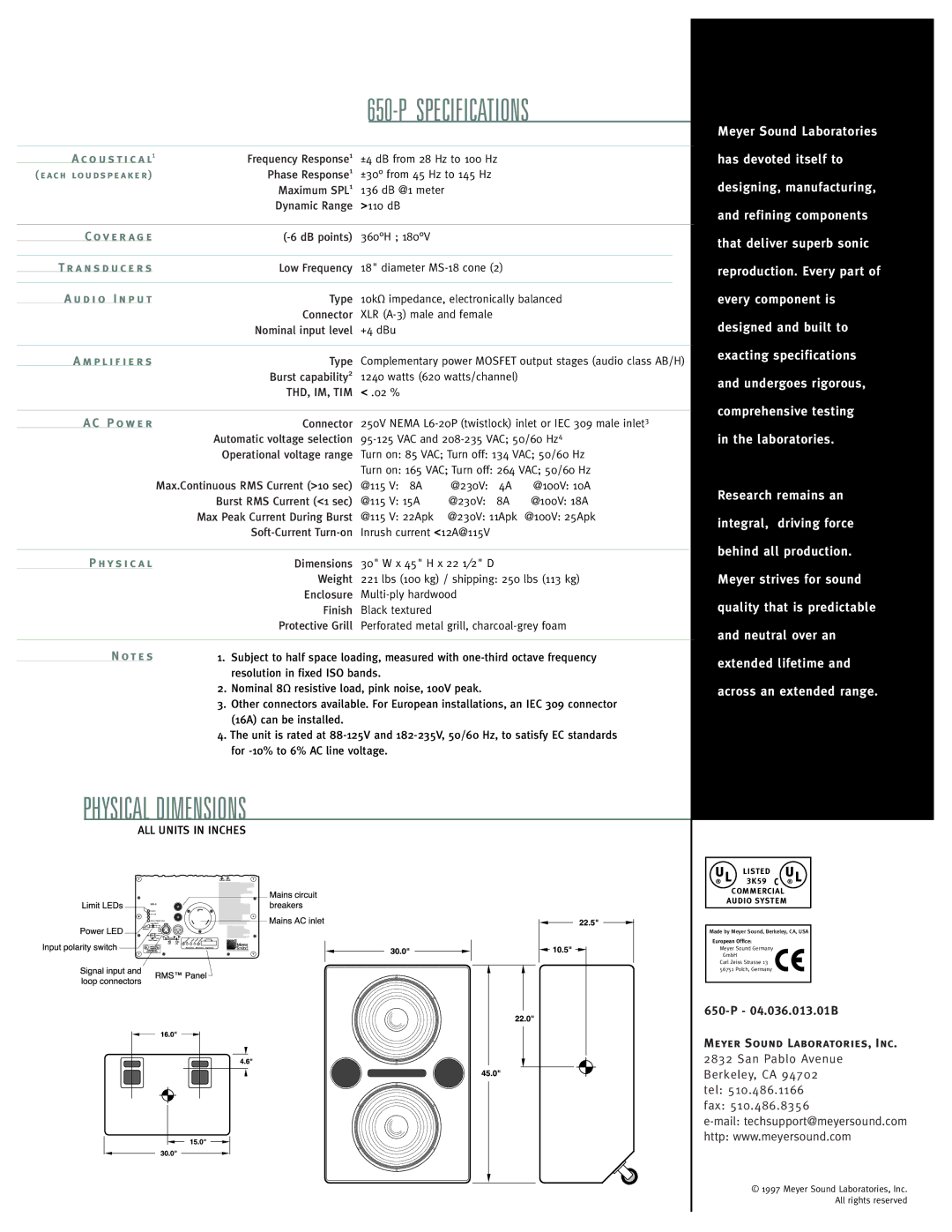 Meyer Sound 650-P manual Specifications 