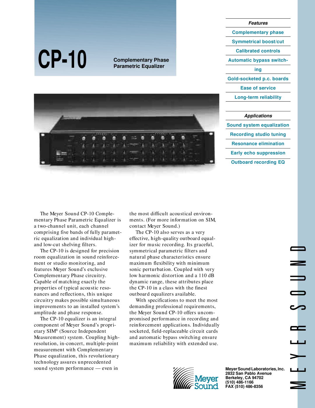 Meyer Sound CP-10 specifications Complementary Phase, Parametric Equalizer, Applications 