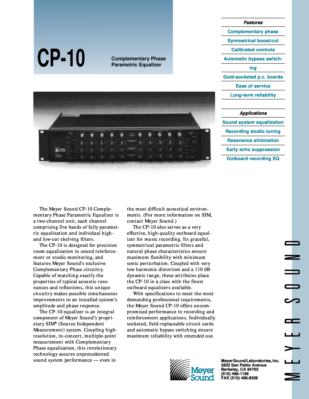 Meyer Sound CP-10 specifications Complementary Phase, Parametric Equalizer 