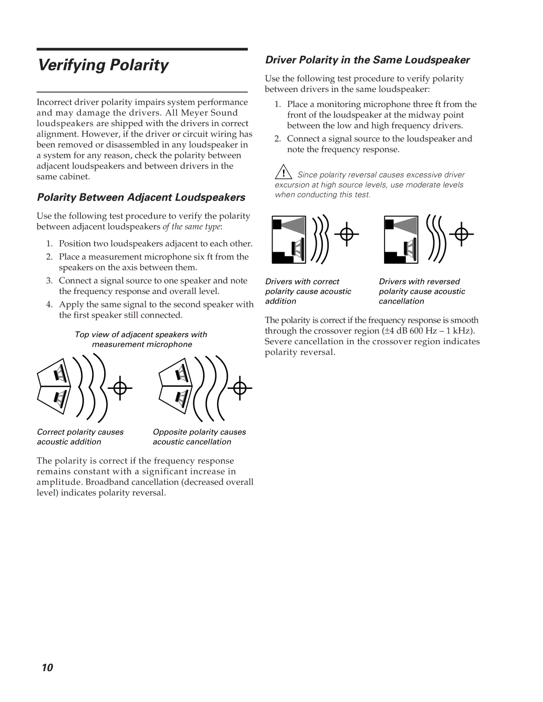 Meyer Sound CQ-2 Verifying Polarity, Polarity Between Adjacent Loudspeakers, Driver Polarity in the Same Loudspeaker 