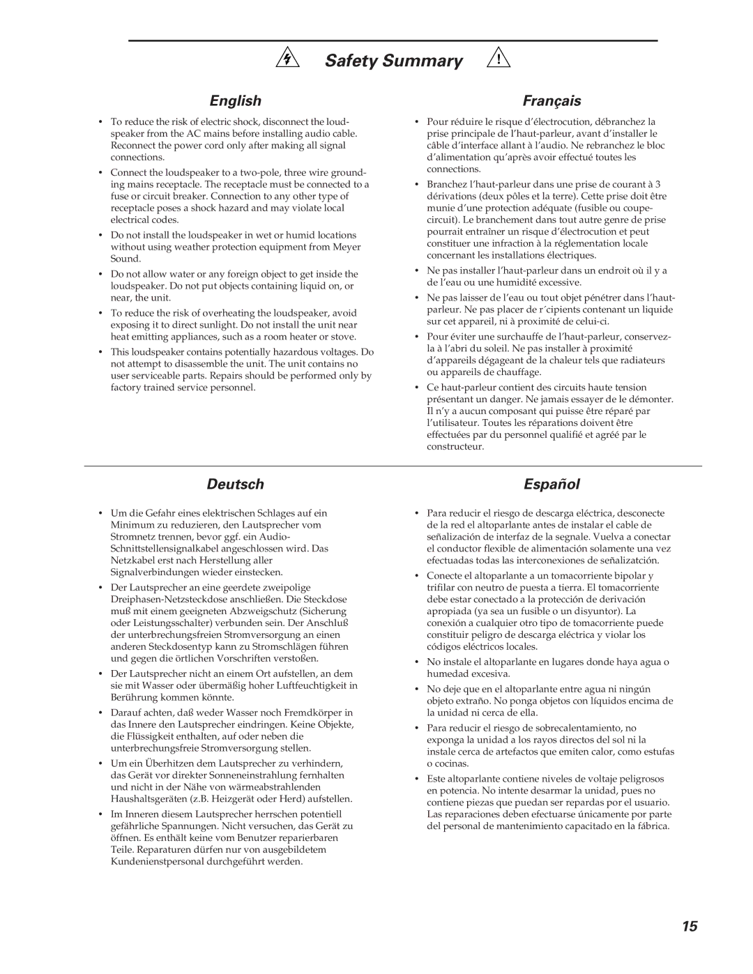 Meyer Sound CQ-2 operating instructions Safety Summary, English, Français, Deutsch, Español 