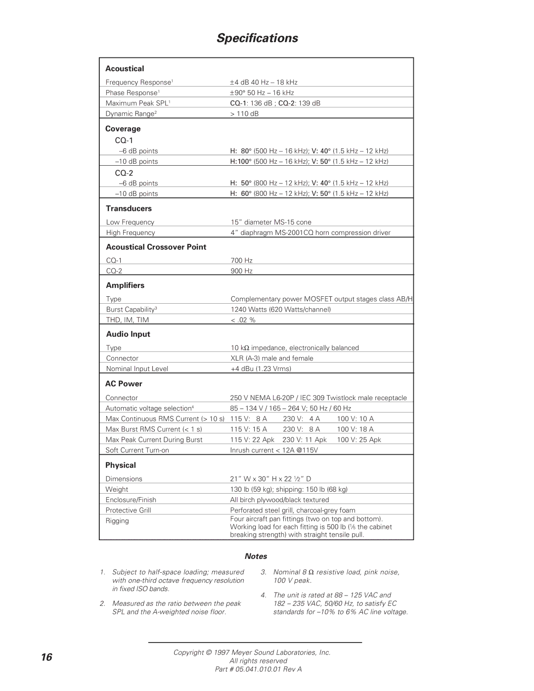 Meyer Sound CQ-2 operating instructions Specifications, Acoustical 