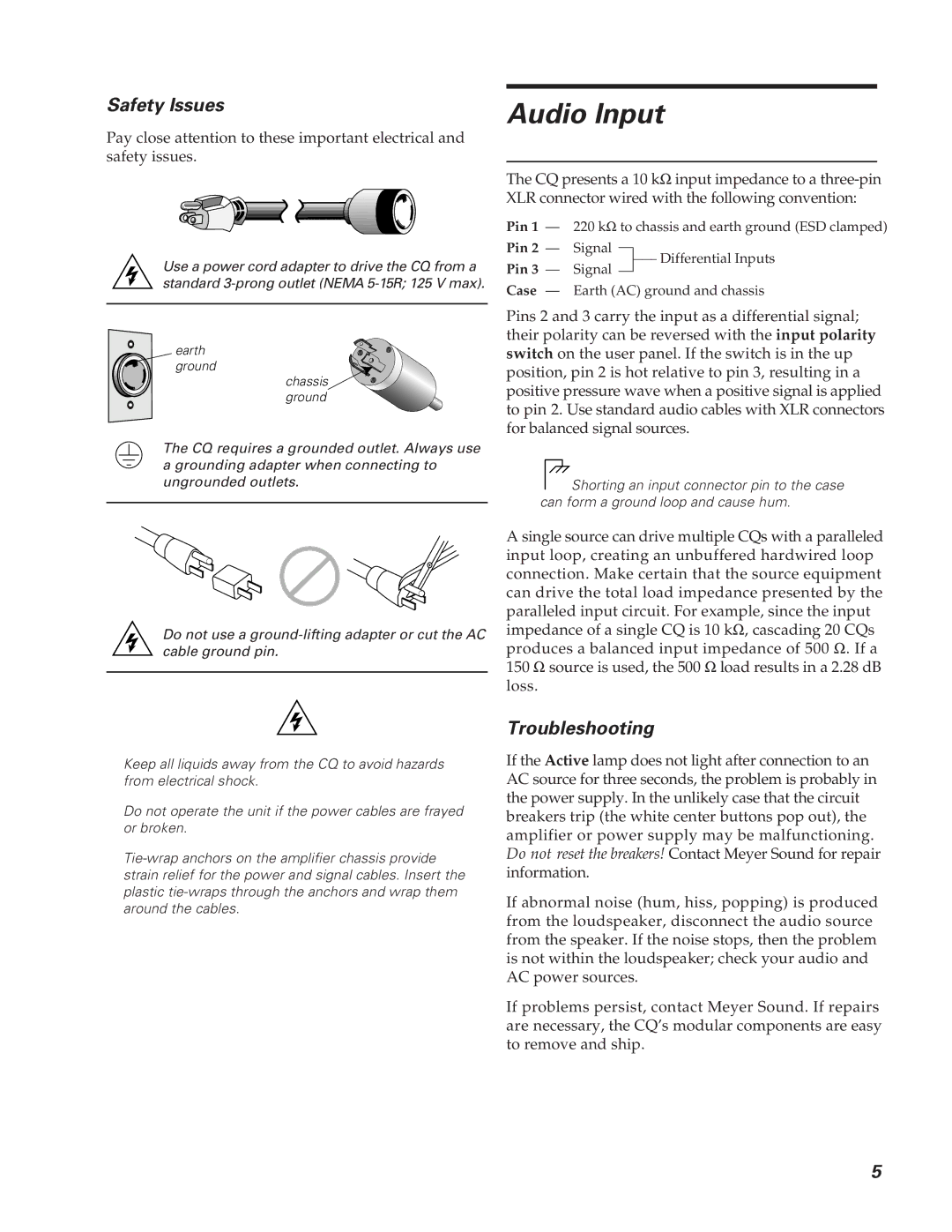 Meyer Sound CQ-2 operating instructions Audio Input, Safety Issues, Troubleshooting 