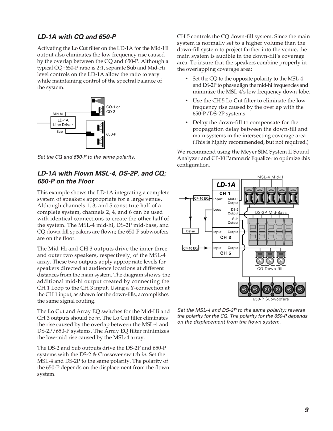 Meyer Sound CQ-2 operating instructions LD-1A with CQ and 650-P, LD-1A with Flown MSL-4, DS-2P, and CQ 650-P on the Floor 