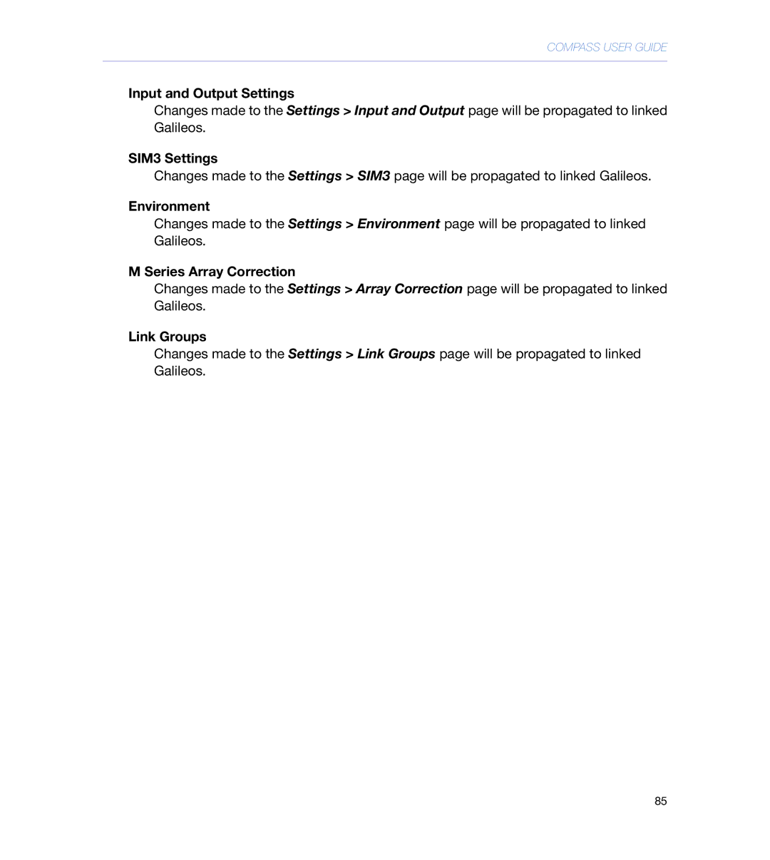 Meyer Sound galileo 616 Input and Output Settings, SIM3 Settings, Environment, Series Array Correction 