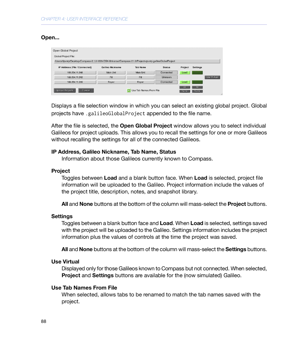 Meyer Sound galileo 616 Open, IP Address, Galileo Nickname, Tab Name, Status, Project, Settings, Use Virtual 