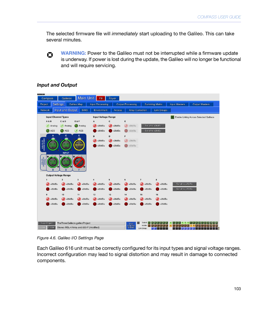 Meyer Sound galileo 616 operating instructions Input and Output, Galileo I/O Settings 