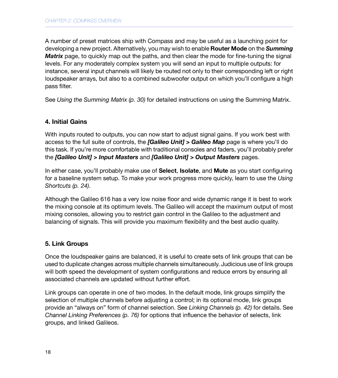 Meyer Sound galileo 616 operating instructions Initial Gains, Link Groups 