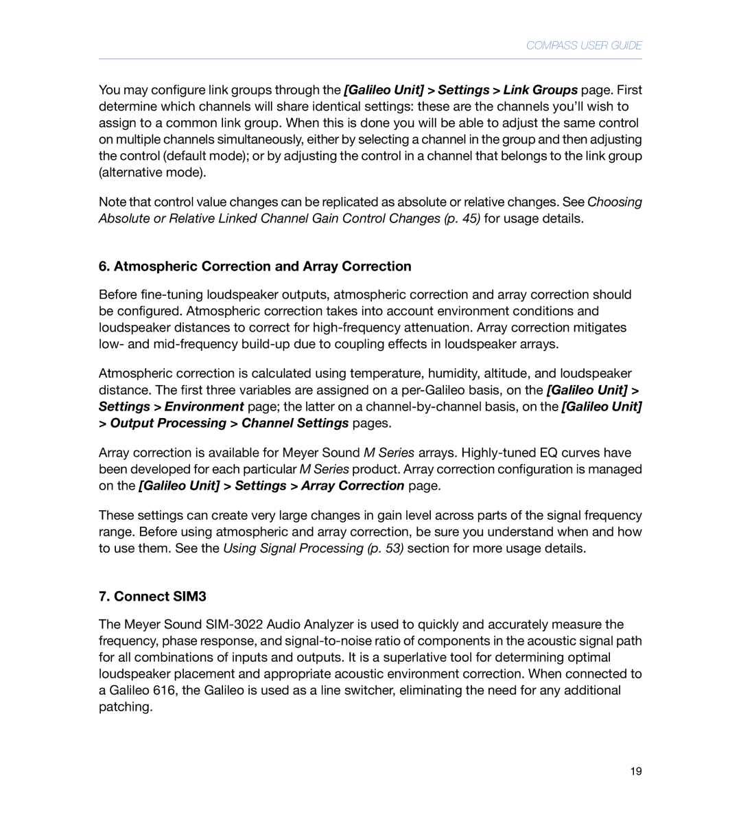 Meyer Sound galileo 616 operating instructions Atmospheric Correction and Array Correction, Connect SIM3 
