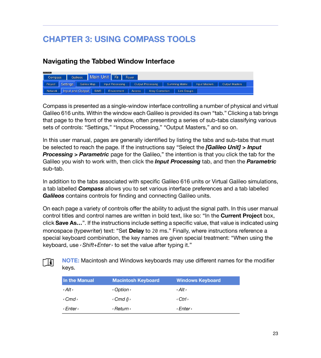 Meyer Sound galileo 616 operating instructions Using Compass Tools, Navigating the Tabbed Window Interface 