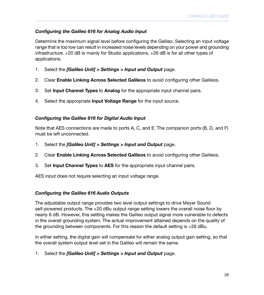 Meyer Sound galileo 616 Configuring the Galileo 616 for Analog Audio Input, Configuring the Galileo 616 Audio Outputs 