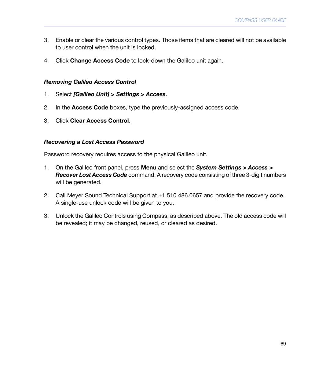 Meyer Sound galileo 616 operating instructions Click Clear Access Control, Recovering a Lost Access Password 