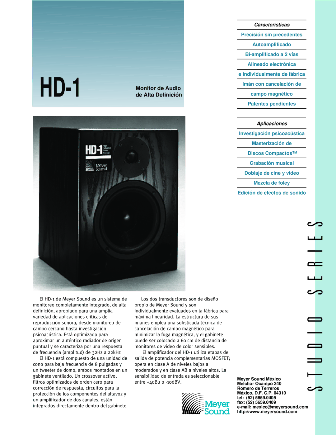 Meyer Sound HD-1 manual Características, Aplicaciones 