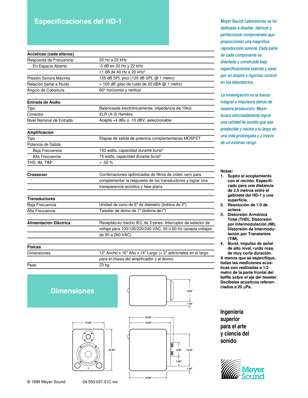 Meyer Sound manual Especificaciones del HD-1, Dimensiones 