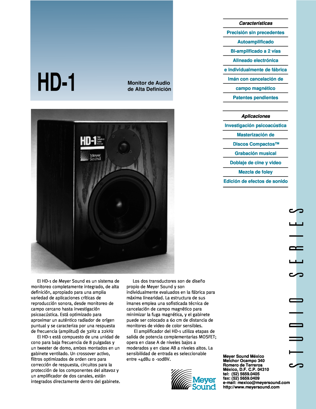 Meyer Sound HD-1 manual Monitor de Audio, de Alta Definición, Características, Aplicaciones, Edición de efectos de sonido 