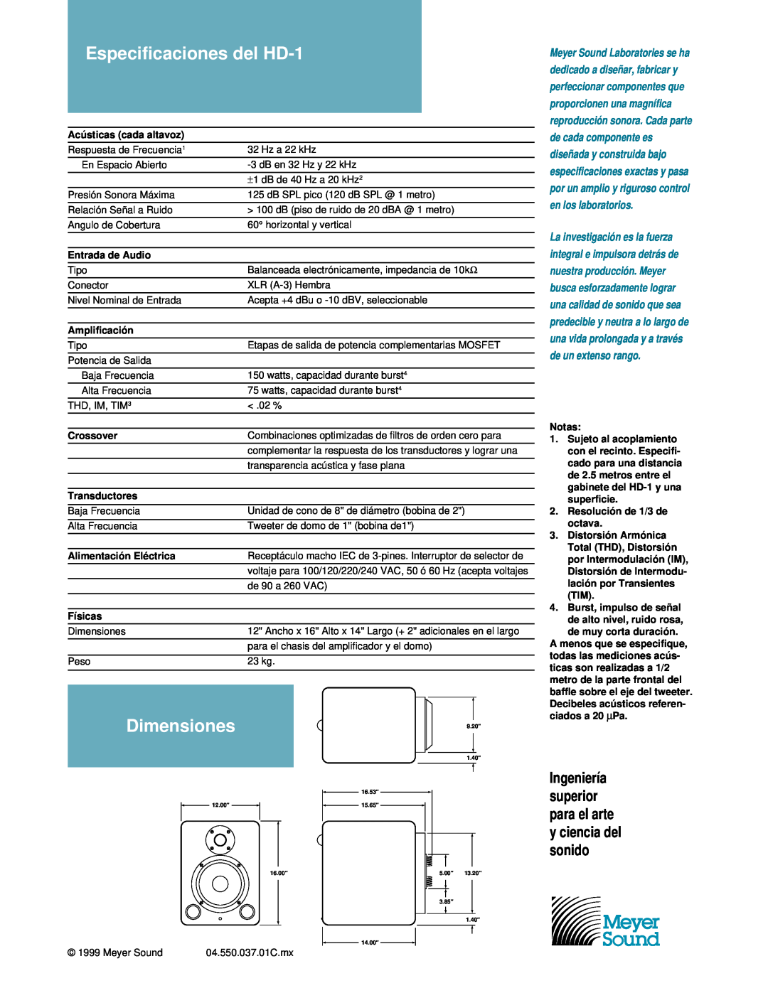 Meyer Sound manual Especificaciones del HD-1, Dimensiones, Ingeniería superior para el arte y ciencia del sonido 
