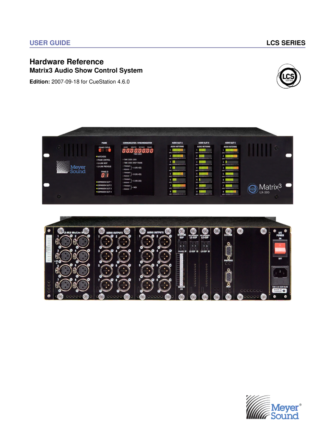 Meyer Sound LX-300 manual Hardware Reference, Matrix3 Audio Show Control System 