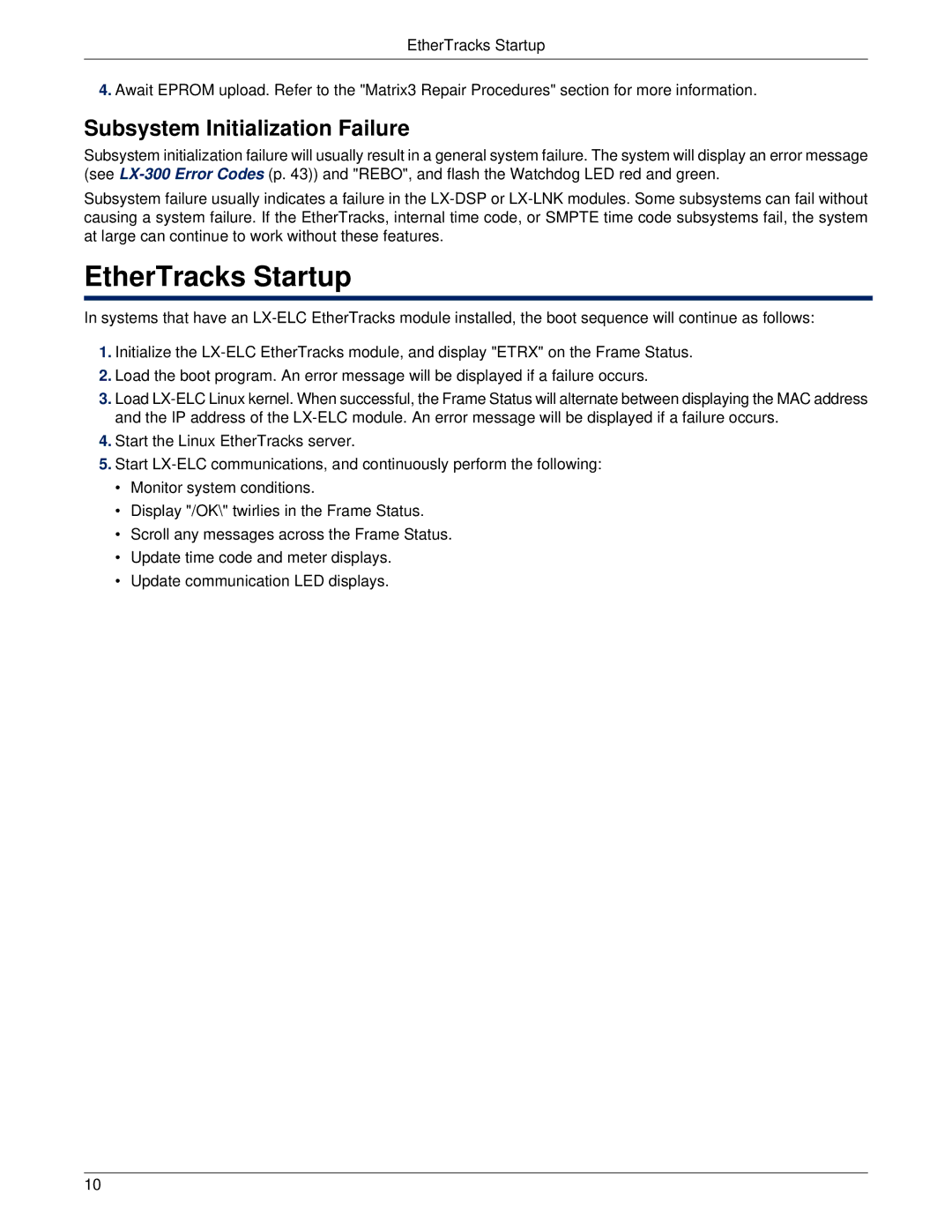 Meyer Sound LX-300 manual EtherTracks Startup, Subsystem Initialization Failure 