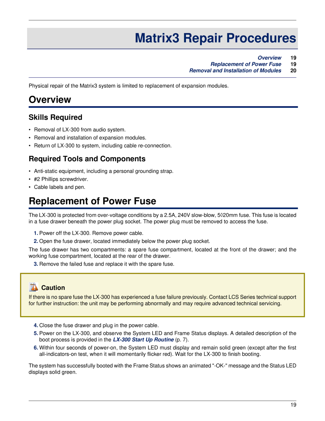 Meyer Sound LX-300 Matrix3 Repair Procedures, Replacement of Power Fuse, Skills Required, Required Tools and Components 