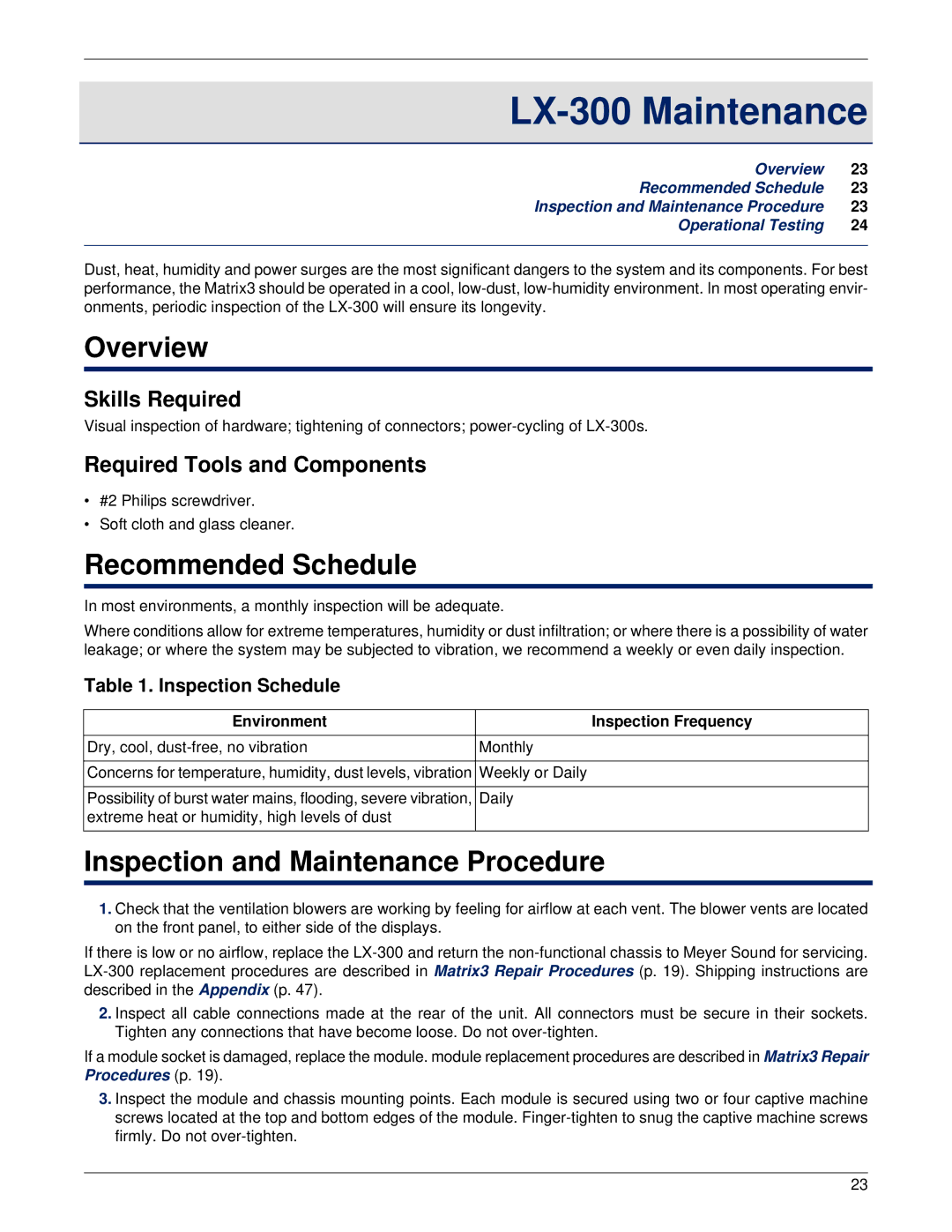 Meyer Sound manual LX-300 Maintenance, Recommended Schedule, Inspection and Maintenance Procedure, Inspection Schedule 