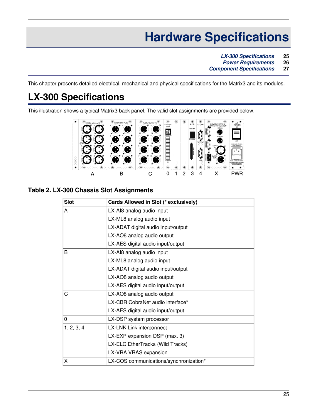 Meyer Sound manual Hardware Specifications, LX-300 Specifications, LX-300 Chassis Slot Assignments 