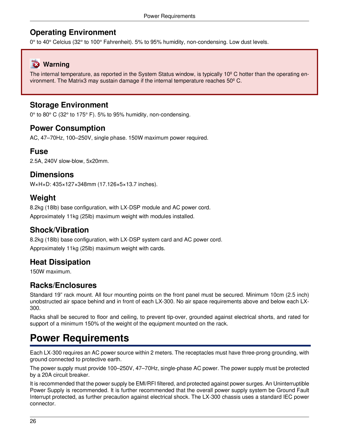 Meyer Sound LX-300 manual Power Requirements 