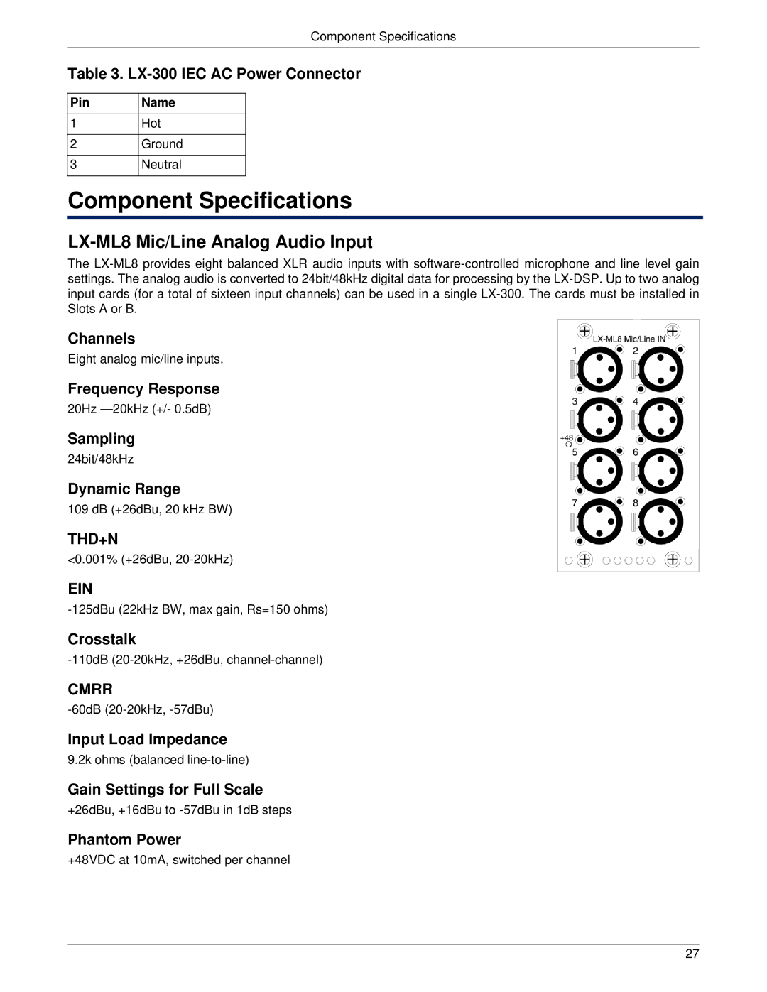 Meyer Sound LX-300 manual Component Specifications, LX-ML8 Mic/Line Analog Audio Input 