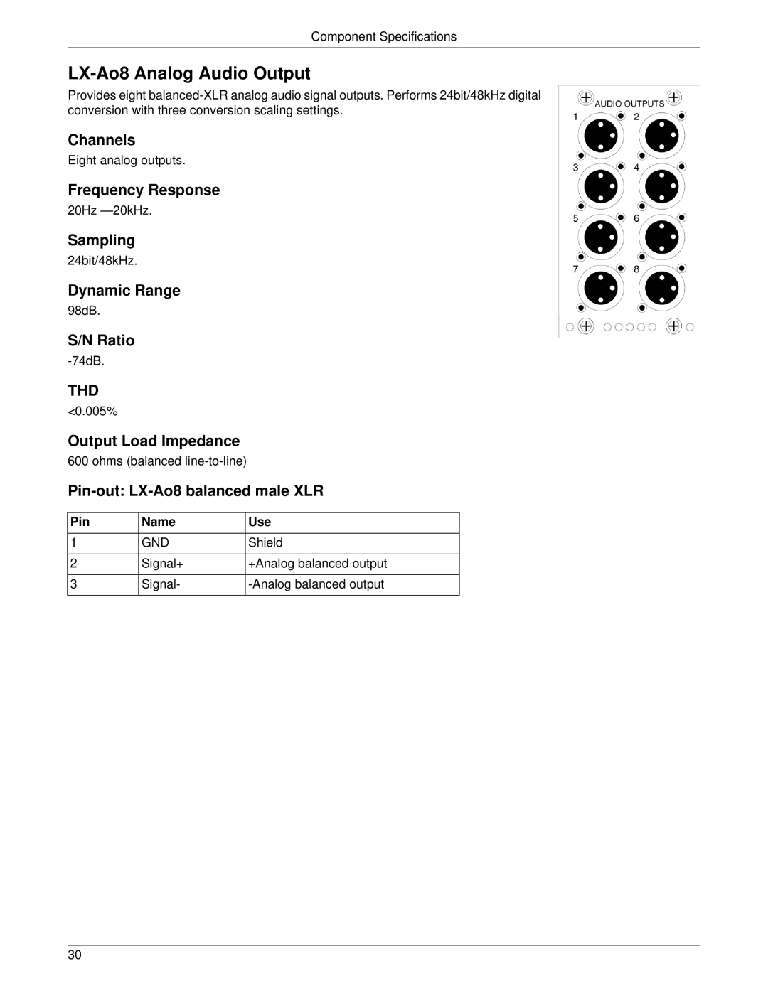 Meyer Sound LX-300 manual LX-Ao8 Analog Audio Output, Output Load Impedance, Pin-out LX-Ao8 balanced male XLR 