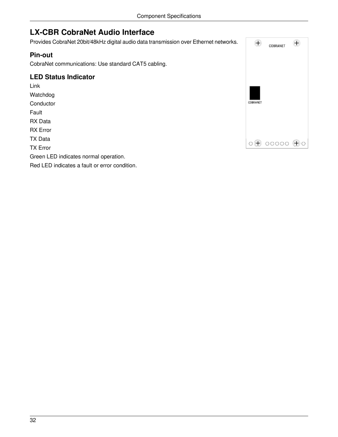 Meyer Sound LX-300 manual LX-CBR CobraNet Audio Interface, Pin-out, LED Status Indicator 