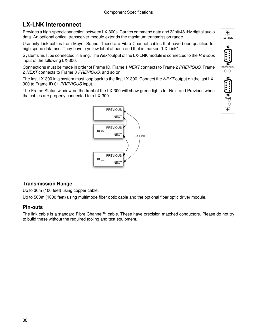 Meyer Sound LX-300 manual LX-LNK Interconnect, Transmission Range, Pin-outs 