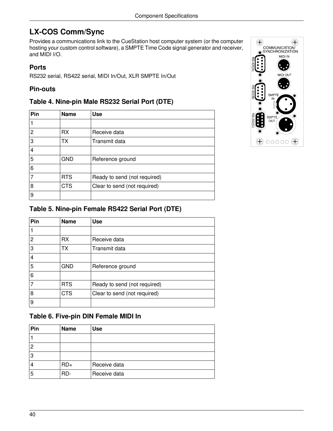 Meyer Sound LX-300 manual LX-COS Comm/Sync, Ports, Pin-outs Nine-pin Male RS232 Serial Port DTE, Five-pin DIN Female Midi 