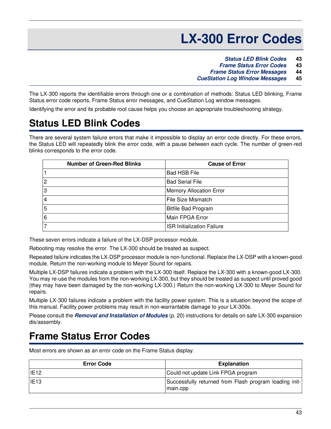 Meyer Sound manual LX-300 Error Codes, Status LED Blink Codes, Frame Status Error Codes, Error Code Explanation 