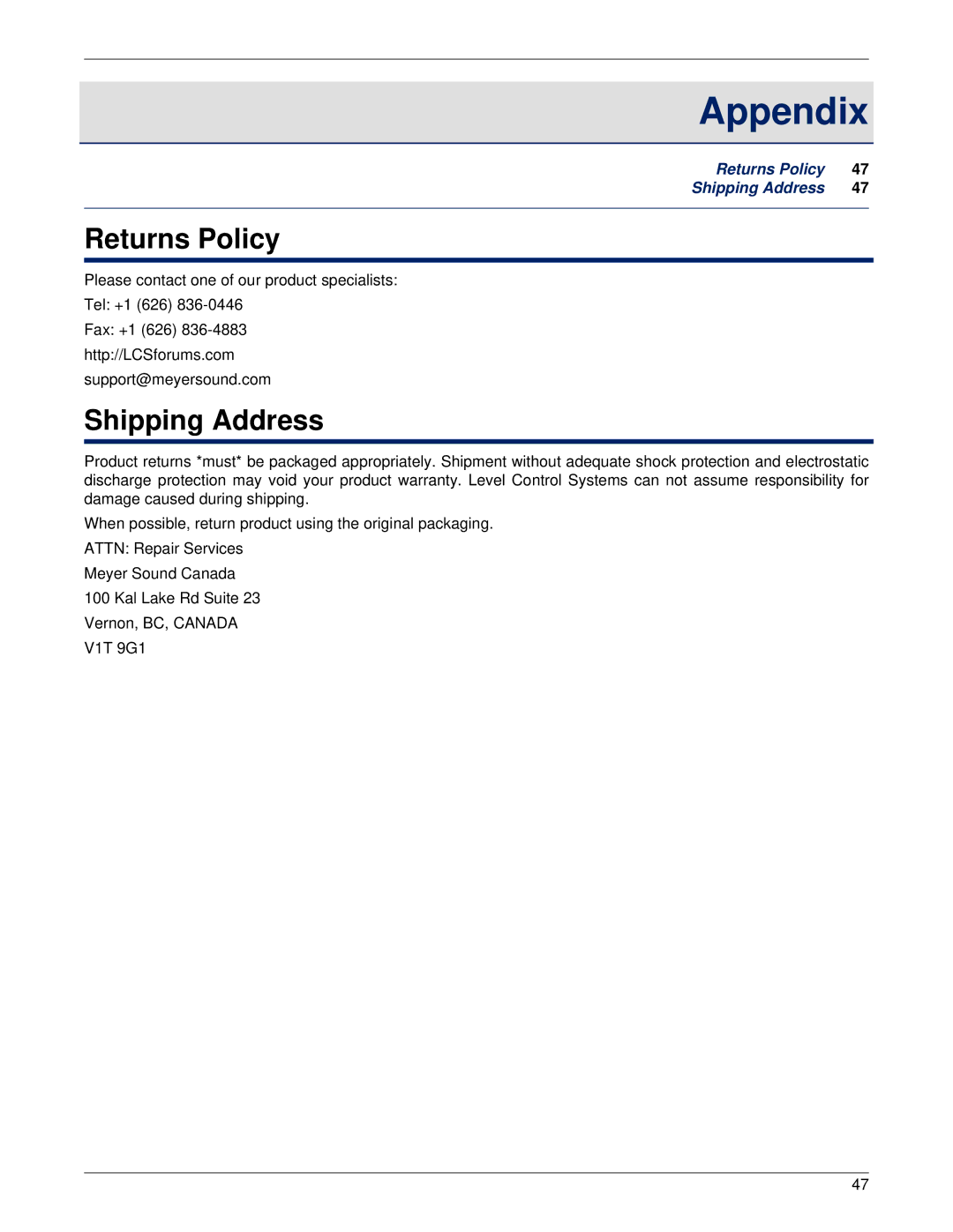 Meyer Sound LX-300 manual Appendix, Returns Policy, Shipping Address 