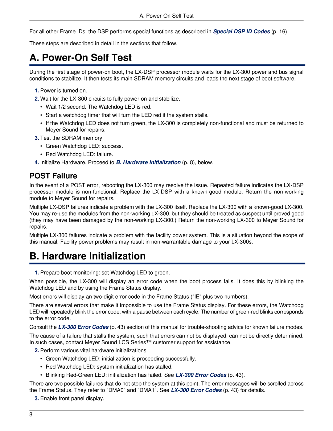 Meyer Sound LX-300 manual Power-On Self Test, Hardware Initialization, Post Failure 