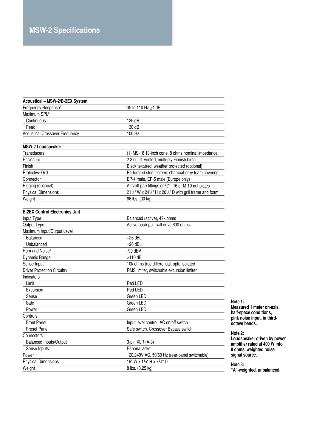 Meyer Sound manual MSW-2 Specifications, Acoustical MSW-2/B-2EX System 